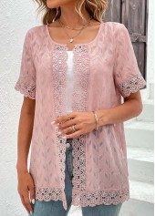Lace Round Neck Short Sleeve Pink Topper