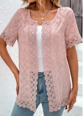 Lace Round Neck Short Sleeve Pink Topper