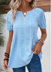 Patchwork Light Blue Short Sleeve Split Neck Blouse
