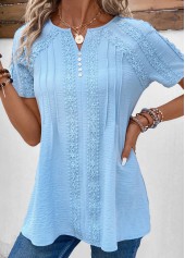 Patchwork Light Blue Short Sleeve Split Neck Blouse