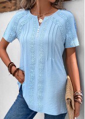 Patchwork Light Blue Short Sleeve Split Neck Blouse