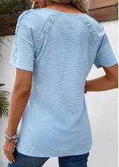 Patchwork Light Blue Short Sleeve Split Neck Blouse