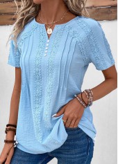 Patchwork Light Blue Short Sleeve Split Neck Blouse