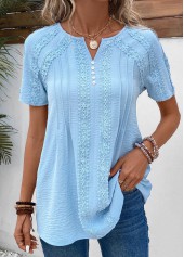 Patchwork Light Blue Short Sleeve Split Neck Blouse