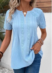 Patchwork Light Blue Short Sleeve Split Neck Blouse