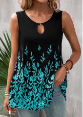 Leaf Print Cut Out Black Tank Top