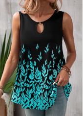 Leaf Print Cut Out Black Tank Top