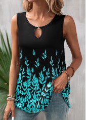 Leaf Print Cut Out Black Tank Top