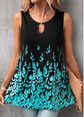 Leaf Print Cut Out Black Tank Top