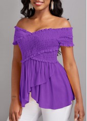 Patchwork Smocked Neon Violet Off Shoulder T Shirt