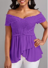 Patchwork Smocked Neon Violet Off Shoulder T Shirt