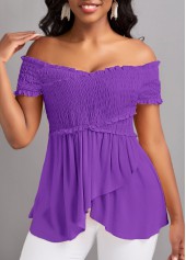 Patchwork Smocked Neon Violet Off Shoulder T Shirt