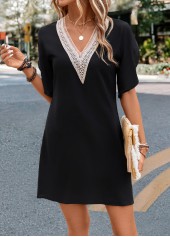 Patchwork Short A Line V Neck Black Dress