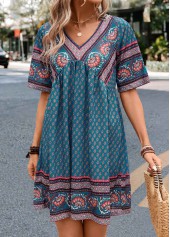 Paisley Print Ruched Turquoise A Line Dress