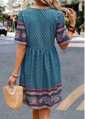 Paisley Print Ruched Turquoise A Line Dress