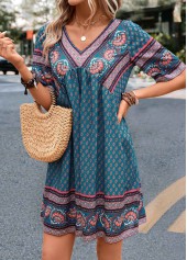 Paisley Print Ruched Turquoise A Line Dress