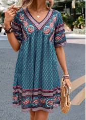 Paisley Print Ruched Turquoise A Line Dress