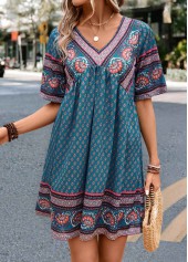 Paisley Print Ruched Turquoise A Line Dress