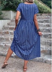 Geometric Print Pocket Dark Blue A Line Dress