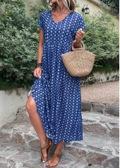 Geometric Print Pocket Dark Blue A Line Dress