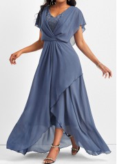 Dusty Blue V Neck Lace Maxi Dress | Rosewe.com - USD $38.98