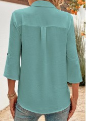 Button Peacock Blue 3/4 Sleeve Shirt Collar Blouse