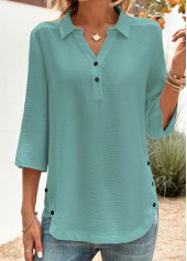 Button Peacock Blue 3/4 Sleeve Shirt Collar Blouse