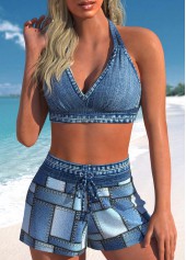High Waisted Tie Denim Blue Bikini Set