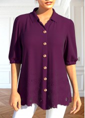 Dark Reddish Purple Shirt Collar Patchwork Blouse