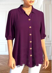 Dark Reddish Purple Shirt Collar Patchwork Blouse