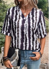 Striped Patchwork Multi Color V Neck Blouse