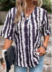 Striped Patchwork Multi Color V Neck Blouse