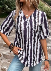 Striped Patchwork Multi Color V Neck Blouse