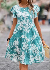 Floral Print Ruffle Blue Round Neck Dress