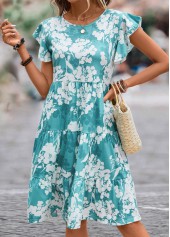Floral Print Ruffle Blue Round Neck Dress