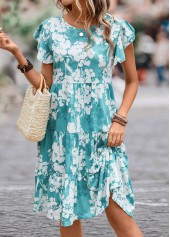 Floral Print Ruffle Blue Round Neck Dress