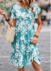 Floral Print Ruffle Blue Round Neck Dress