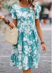 Floral Print Ruffle Blue Round Neck Dress