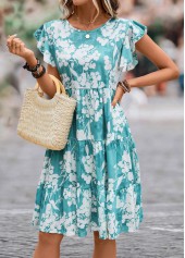 Floral Print Ruffle Blue Round Neck Dress