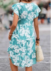 Floral Print Ruffle Blue Round Neck Dress