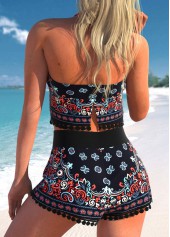 High Waisted Tribal Print Drawstring Black Bikini Set