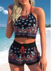 High Waisted Tribal Print Drawstring Black Bikini Set