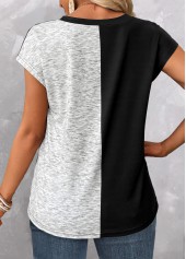 Pink V Neck Short Sleeve Patchwork T Shirt