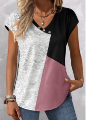 Pink V Neck Short Sleeve Patchwork T Shirt
