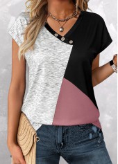 Pink V Neck Short Sleeve Patchwork T Shirt