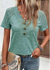 Green V Neck Short Sleeve Lace T Shirt