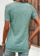 Green V Neck Short Sleeve Lace T Shirt