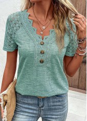 Green V Neck Short Sleeve Lace T Shirt