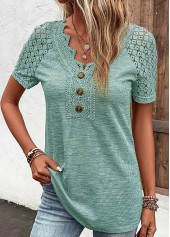 Green V Neck Short Sleeve Lace T Shirt