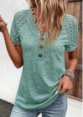 Green V Neck Short Sleeve Lace T Shirt